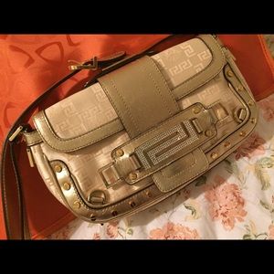 Versace Silk and Gold leather baguette Handbag